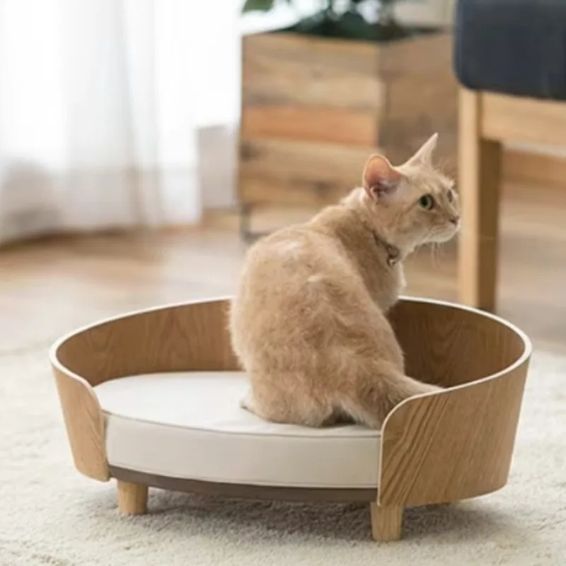 Cama elevada de madera con cojín para gatos y perros de interior - imagen 5