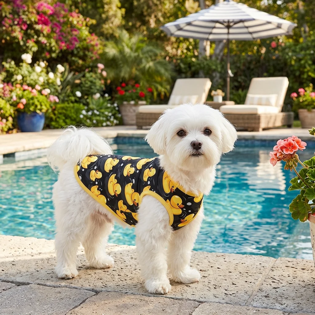 Chaleco para perros con patos amarillos y fondo negro suave, cómodo - imagen 2