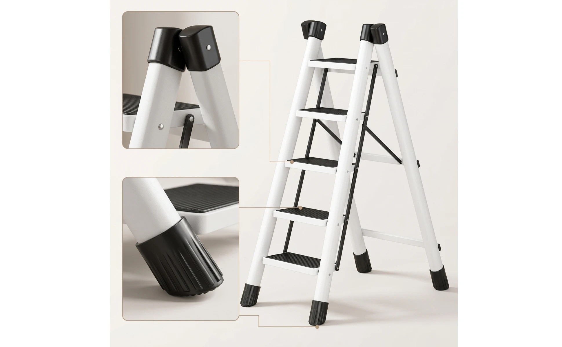 Detalle de peldaños antideslizantes y estructura triangular