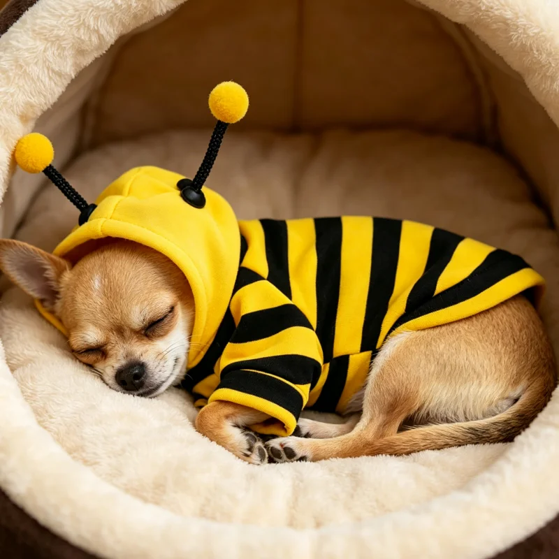 Mascota con disfraz de abeja puesto