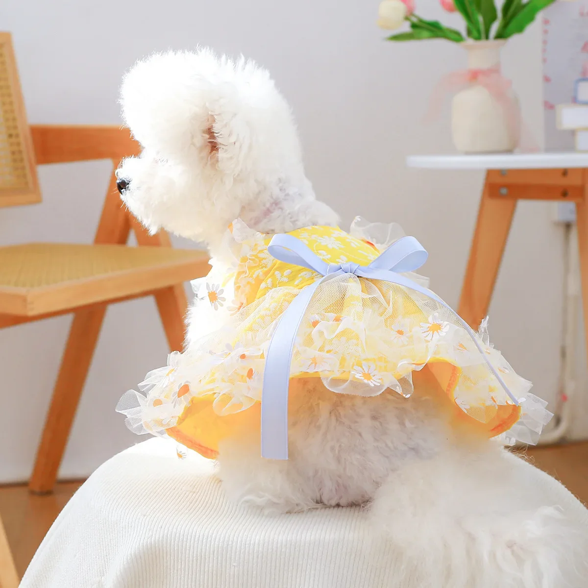 Vista frontal del vestido estilo tutú para perros pequeños