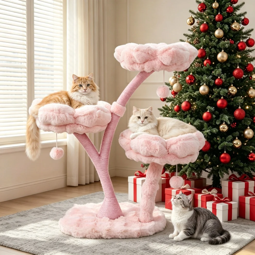 Árbol para Gatos 105 cm en Forma de Flor – Poste Rascador con Cama Acolchada y Juguete - imagen 4