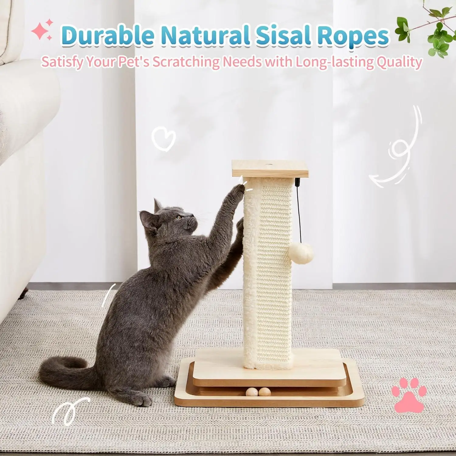 Rascador para gatos con sisal y bola trackball, pom-pom colgante