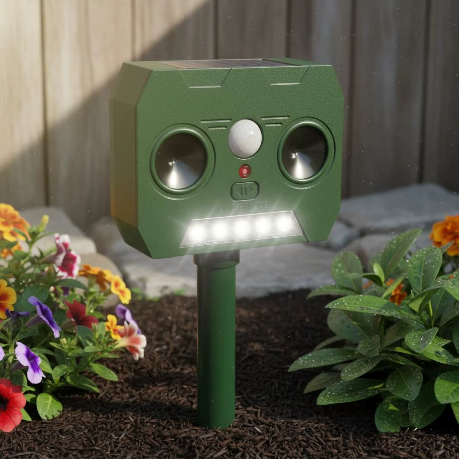 Ahuyentador de plagas solar ultrasónico seguro para gatos y perros