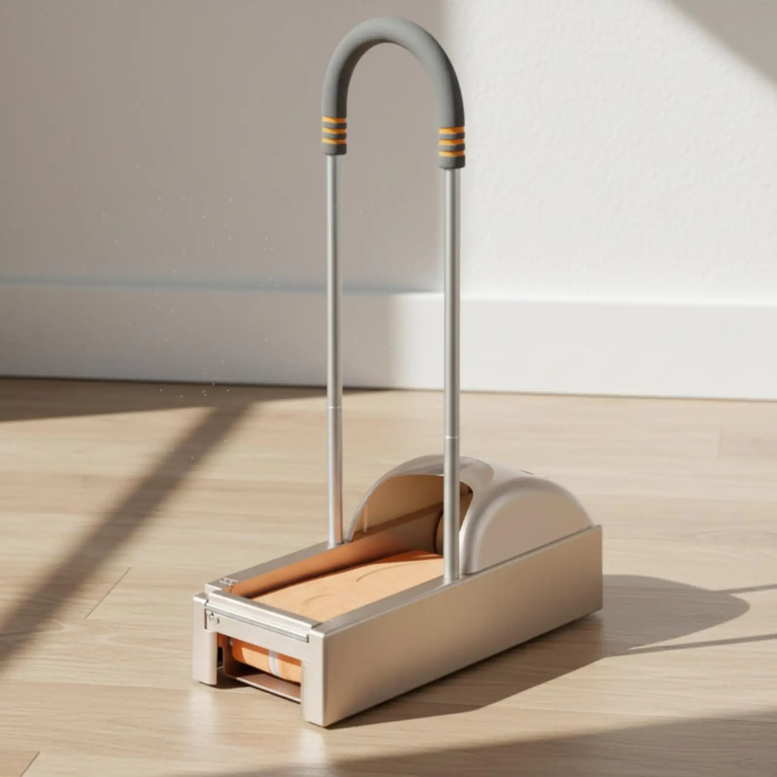 Vista global del dispensador de fundas para calzado con mango curvo