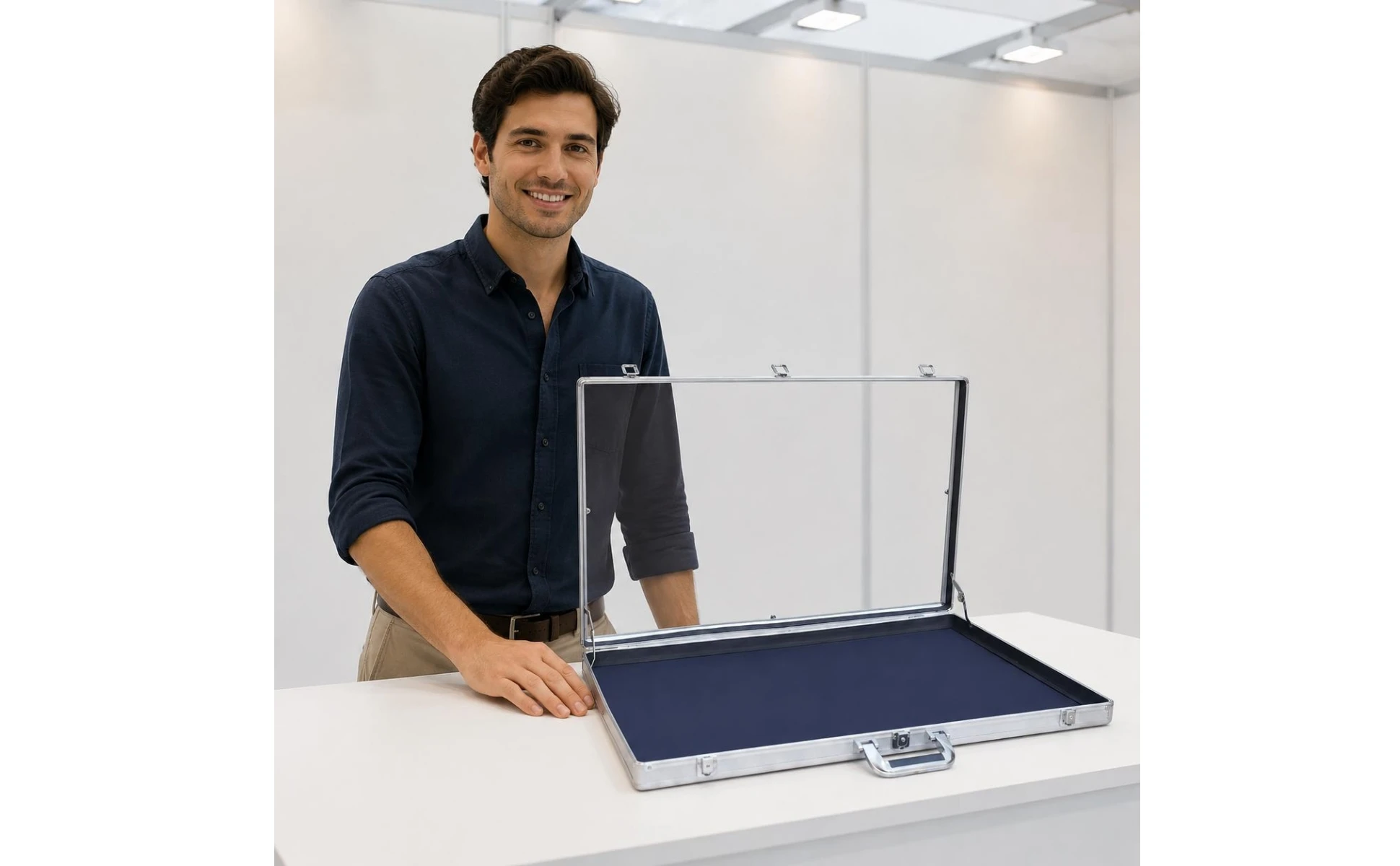 Estuche rígido con tapa transparente de acrílico y marco de aluminio