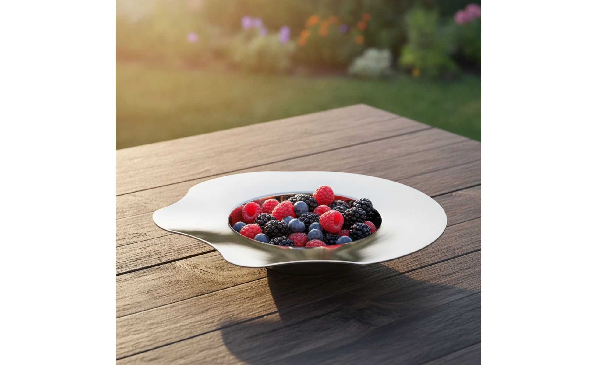 Bandeja de acero inoxidable servida con frutas frescas sobre mesa de comedor