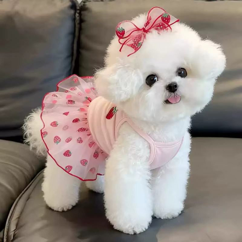 Vestido veraniego de fresa con tul y lazo para perros y gatos - imagen 2