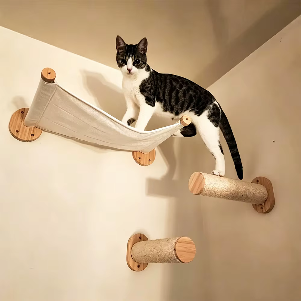 Rascador de pared sisal con hamaca madera para gatos - Estante escalada