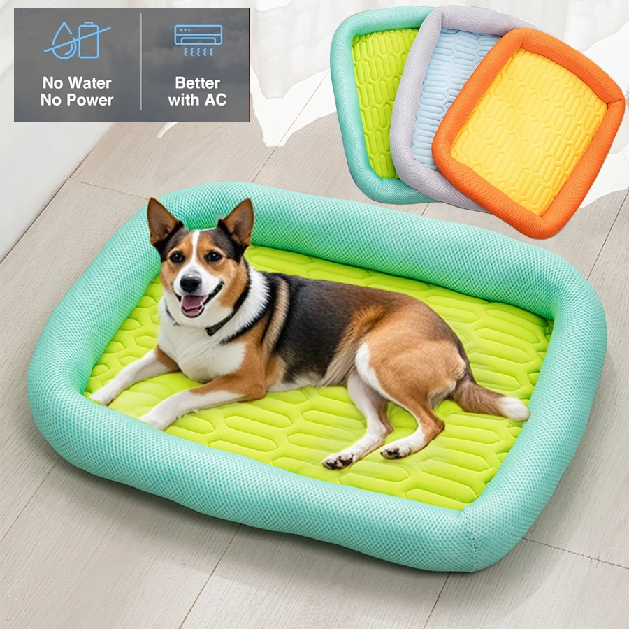 Vista frontal de la cama para mascotas con colores vivos