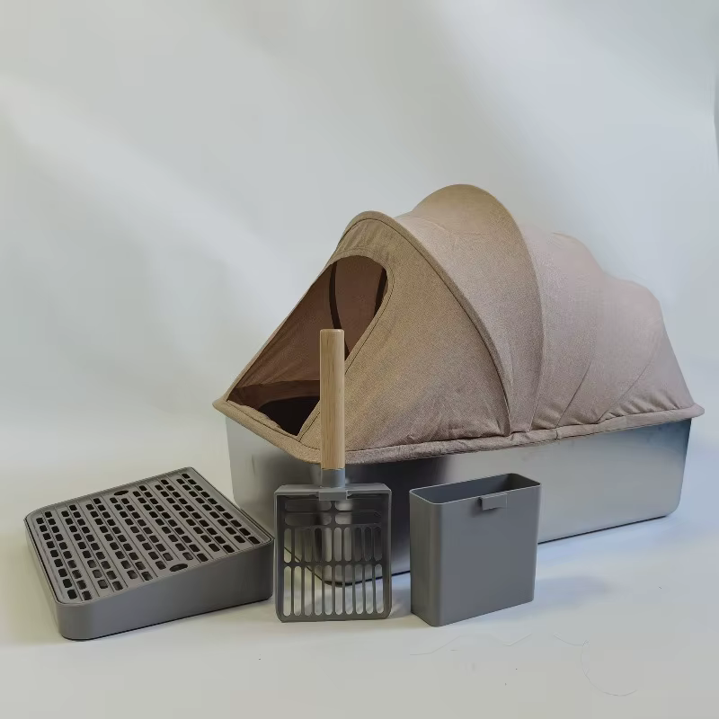 Caja de arena cerrada para gatos – Bandeja alta acero inoxidable con cubierta plegable - imagen 4
