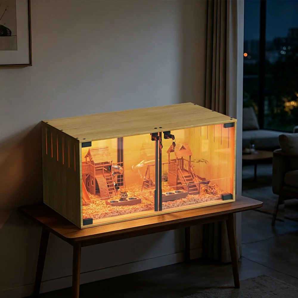 Jaula de madera para hámster y erizos con doble puerta y divisor