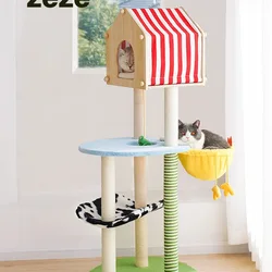 Árbol rascador rústico grande para gatos con cama y poste de sisal