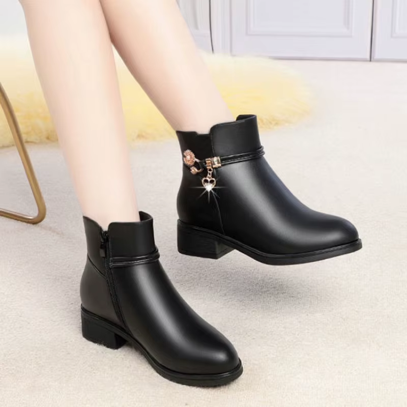 Botas Cortas de Invierno para Mujer – Cuero, Tacón Grueso y Forro Cálido - imagen 2