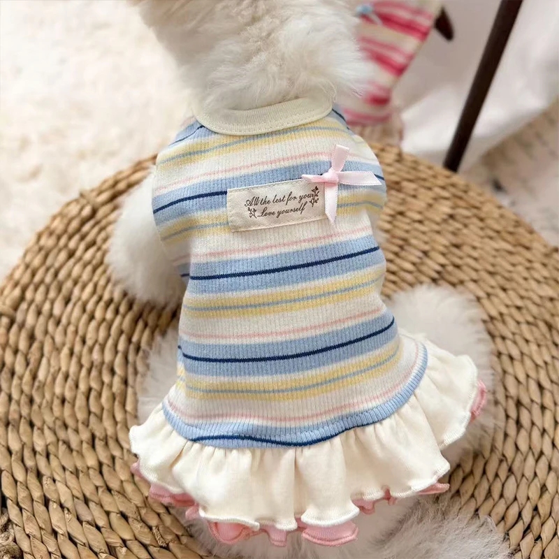 Vestido verano a rayas algodón con lazo rosa para gatos y chihuahua - imagen 4