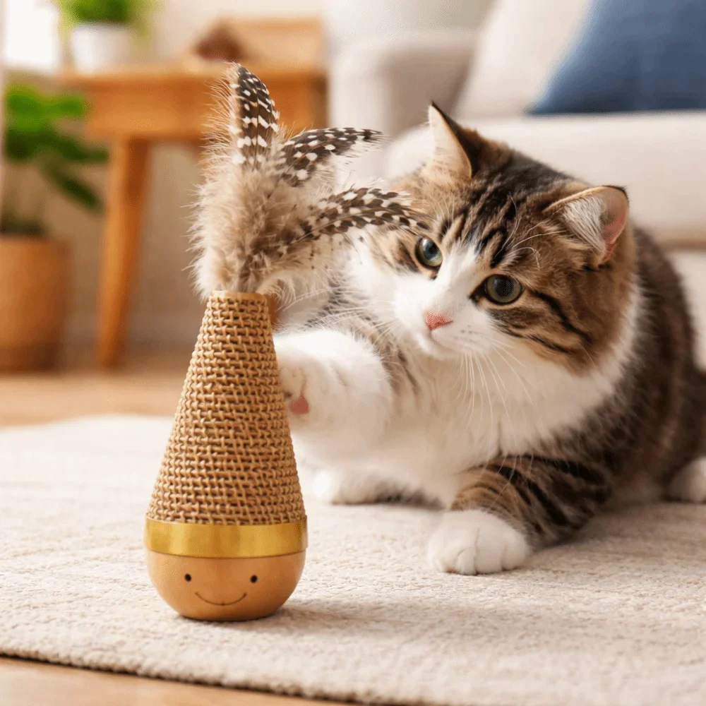 Juguete interactivo para gatos giratorio con plumas y base de madera - imagen 3