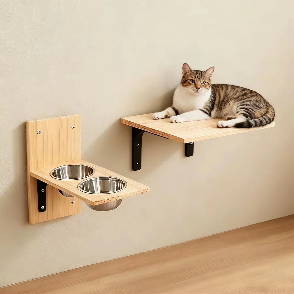Comedero de pared para gatos con estante y tazones de acero - imagen 5