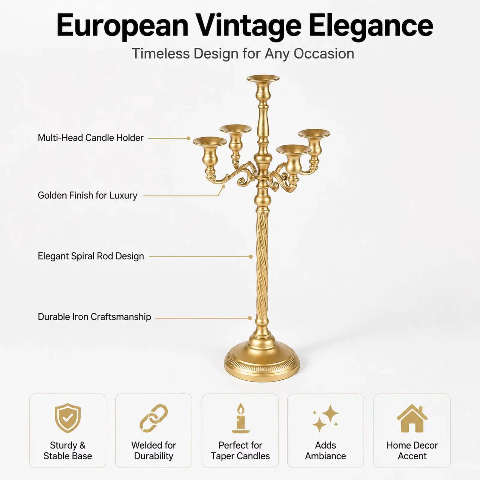 Candelabro dorado vintage de 5 brazos en hierro, ideal para sala o estante