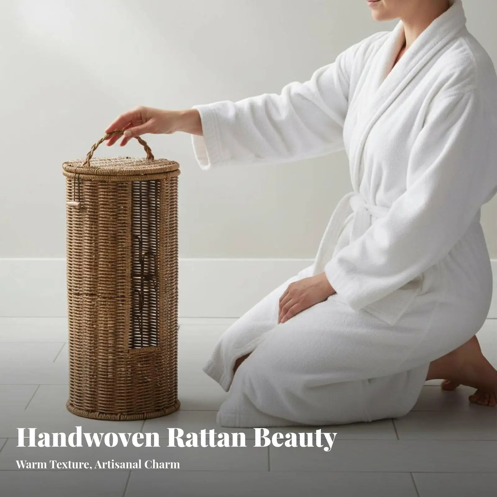 Cesta de Mimbre Redonda con Tapa para Baño - imagen 2