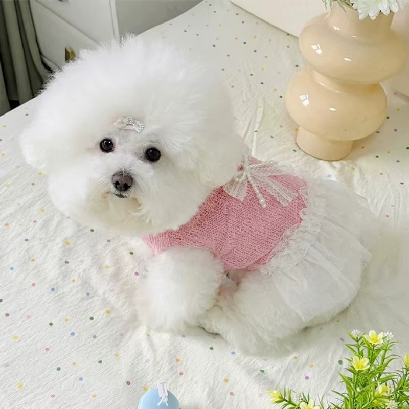 Vestido calado de verano para perros y gatos – Estilo caniche con lazo