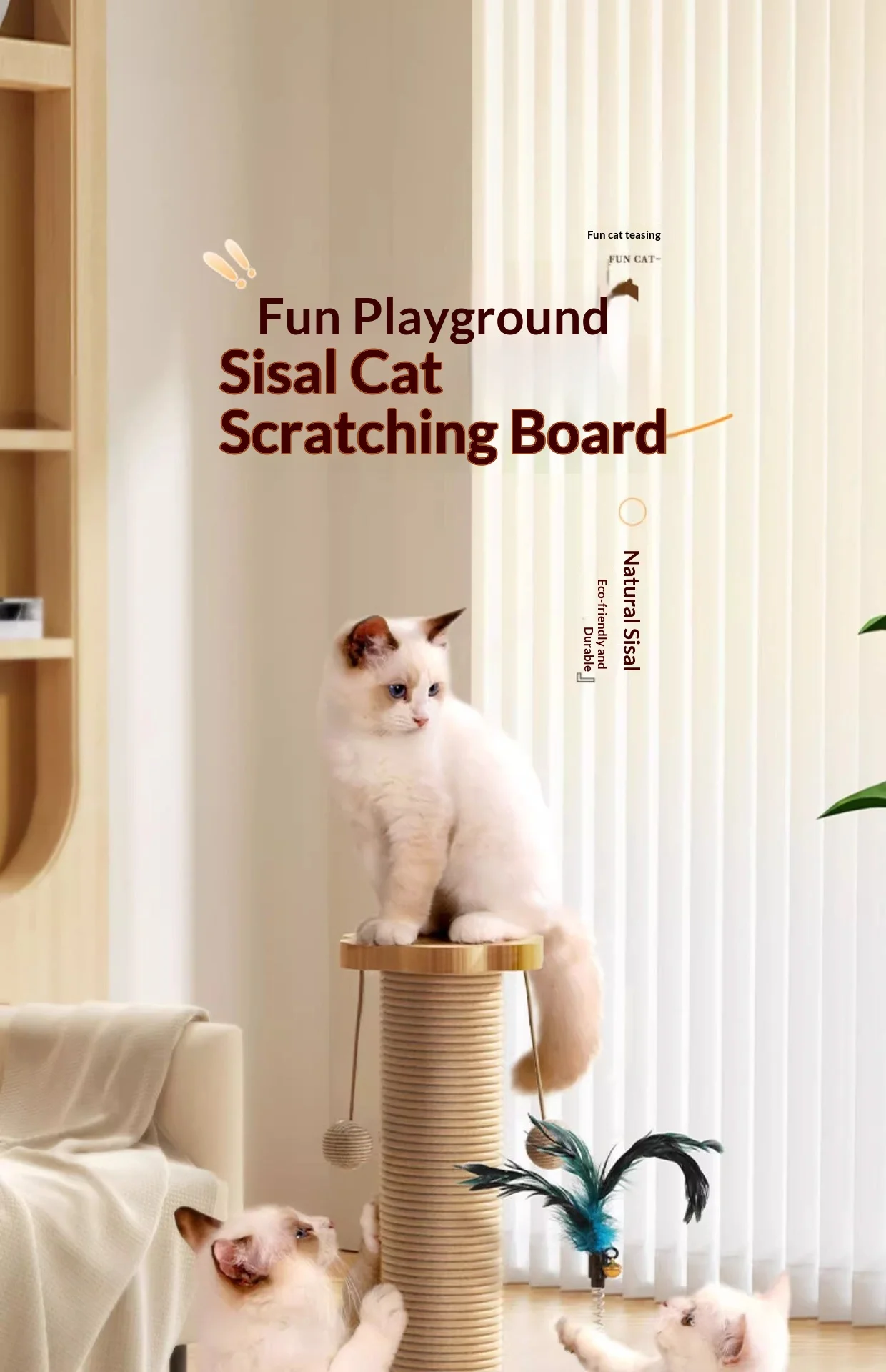 Árbol vertical para gatos con poste rascador de sisal y estructura estable