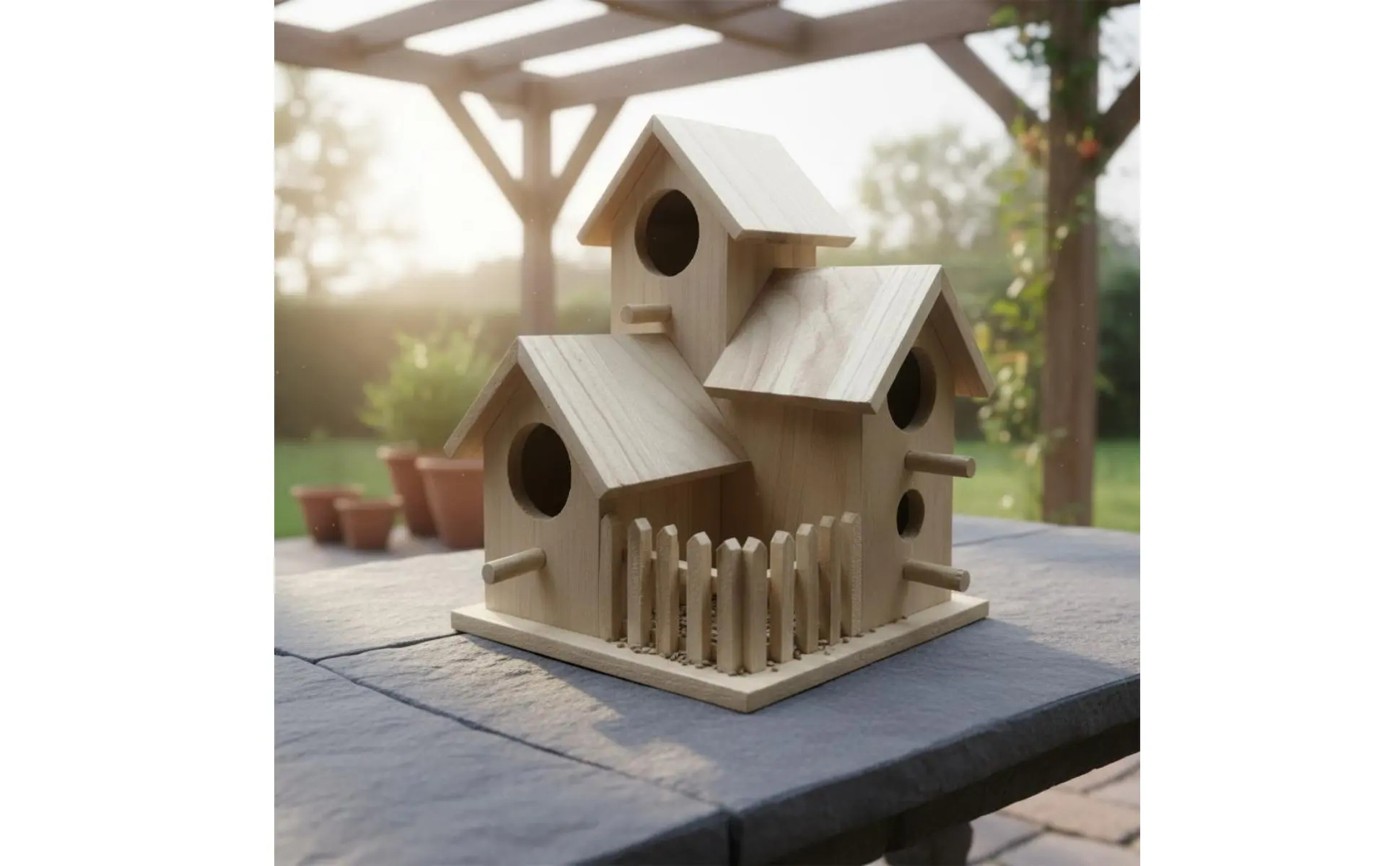 Casa para pájaros de madera rústica en jardín