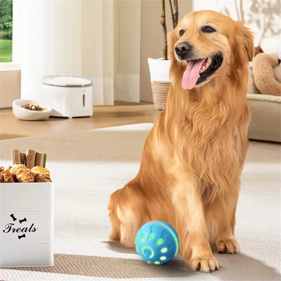Pelota electrónica interactiva PetTumbly sobre fondo neutro