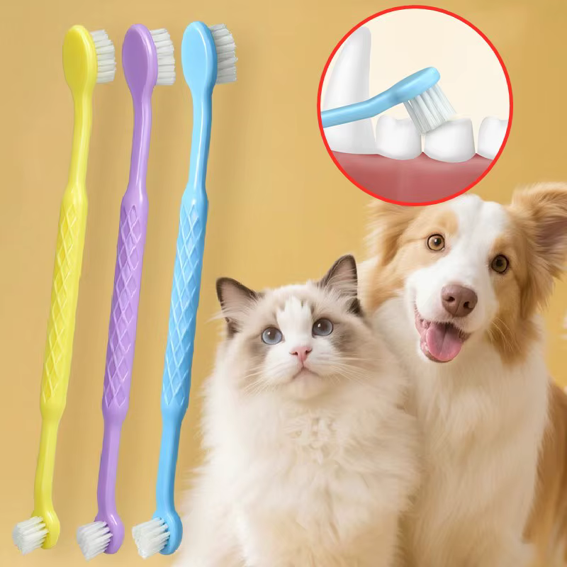 Cepillo de dientes doble cabezal para perros y gatos – Blanda y mango largo