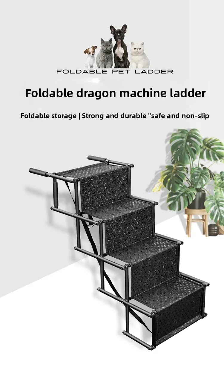 Escalera plegable de acero para perros desplegada junto a un coche