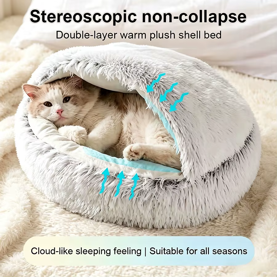 Cama nido cálida de felpa para gatos y perros pequeños – concha