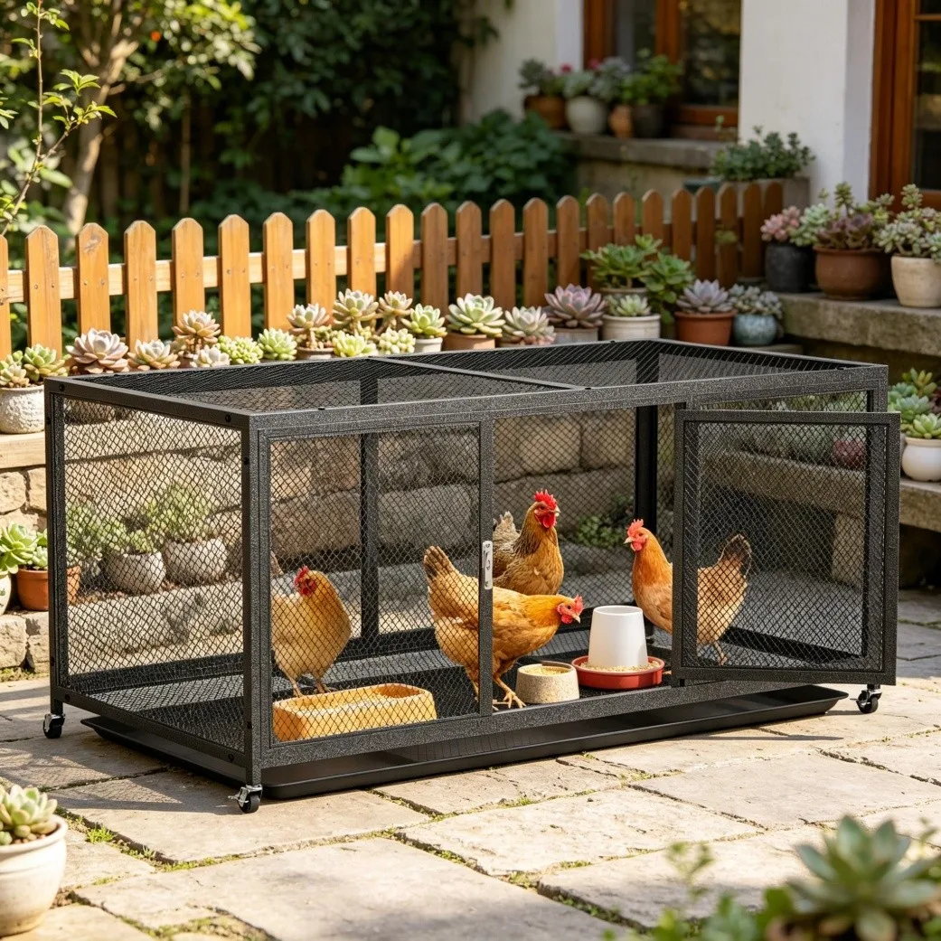 Gallinero metálico resistente con bandeja extraíble y ruedas