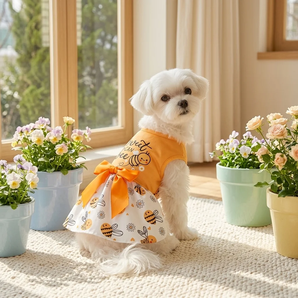 Vista lateral del vestido para perros con decoración de lazo
