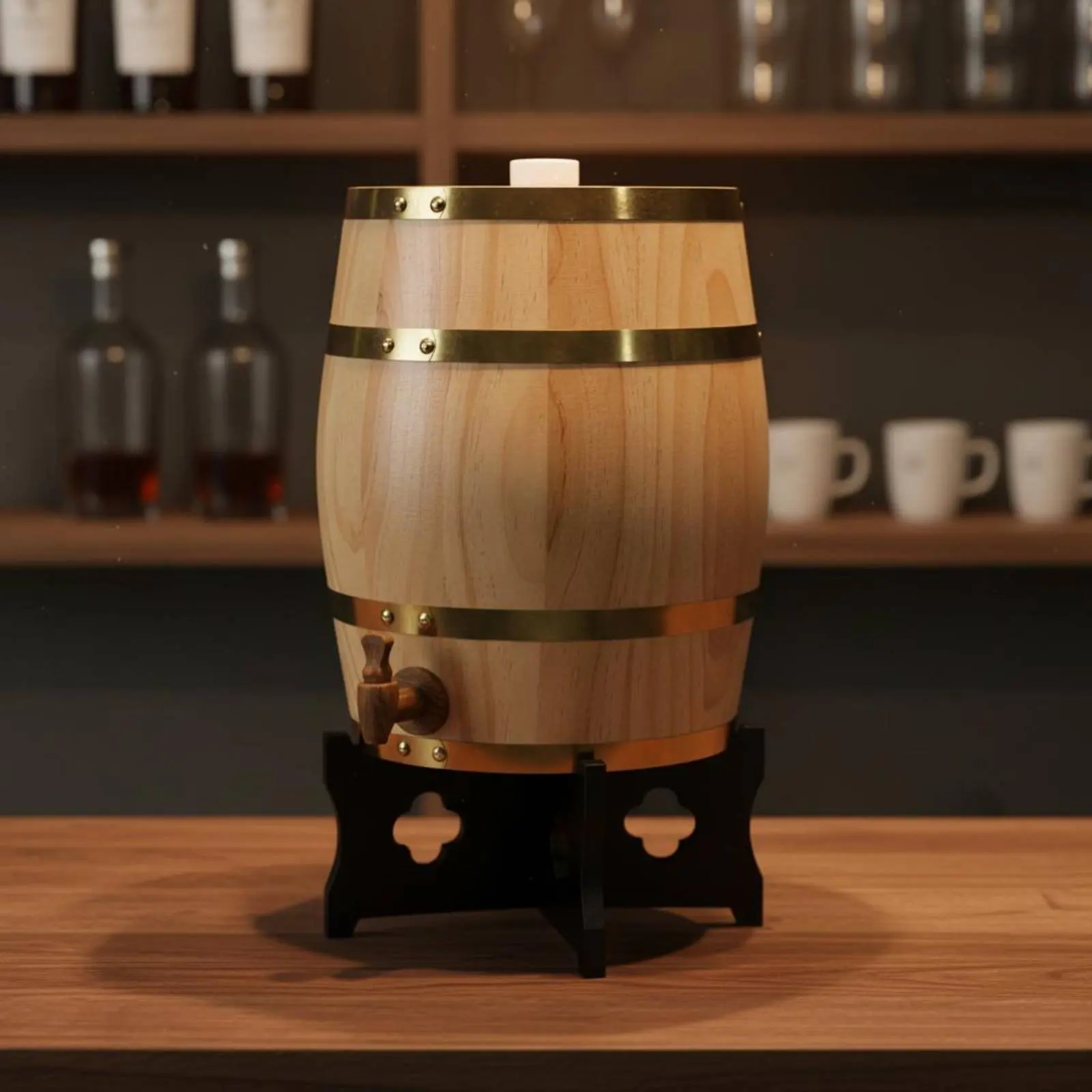 Dispensador de vino en barril de madera con grifo y soporte - imagen 3