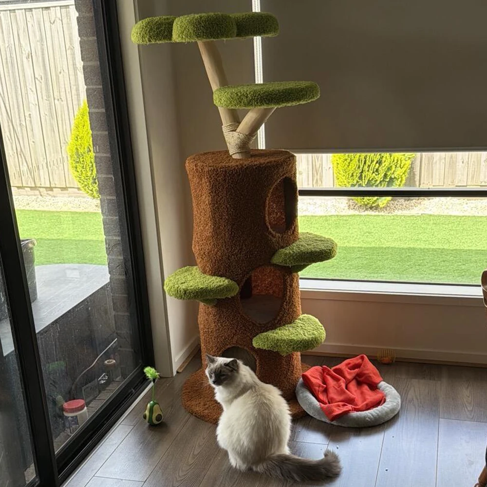 Rascador para gatos con cama tipo casa, torre de madera moderna - imagen 3