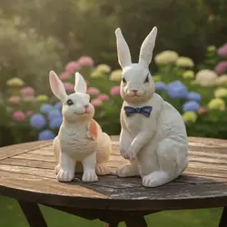 Decoración jardín estatua conejo lazo azul rosa para gatos perros