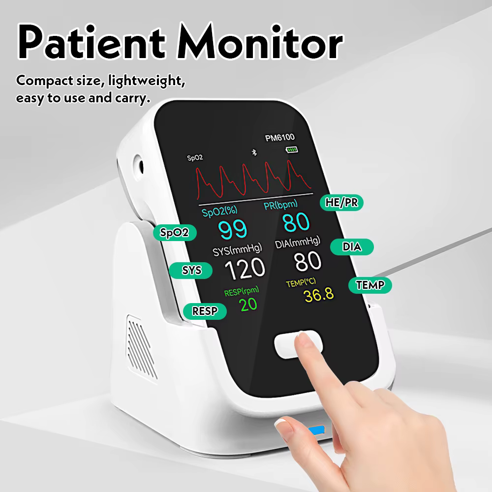 Monitor PM6100 en uso con sensor de pulso oxímetro colocado en el dedo