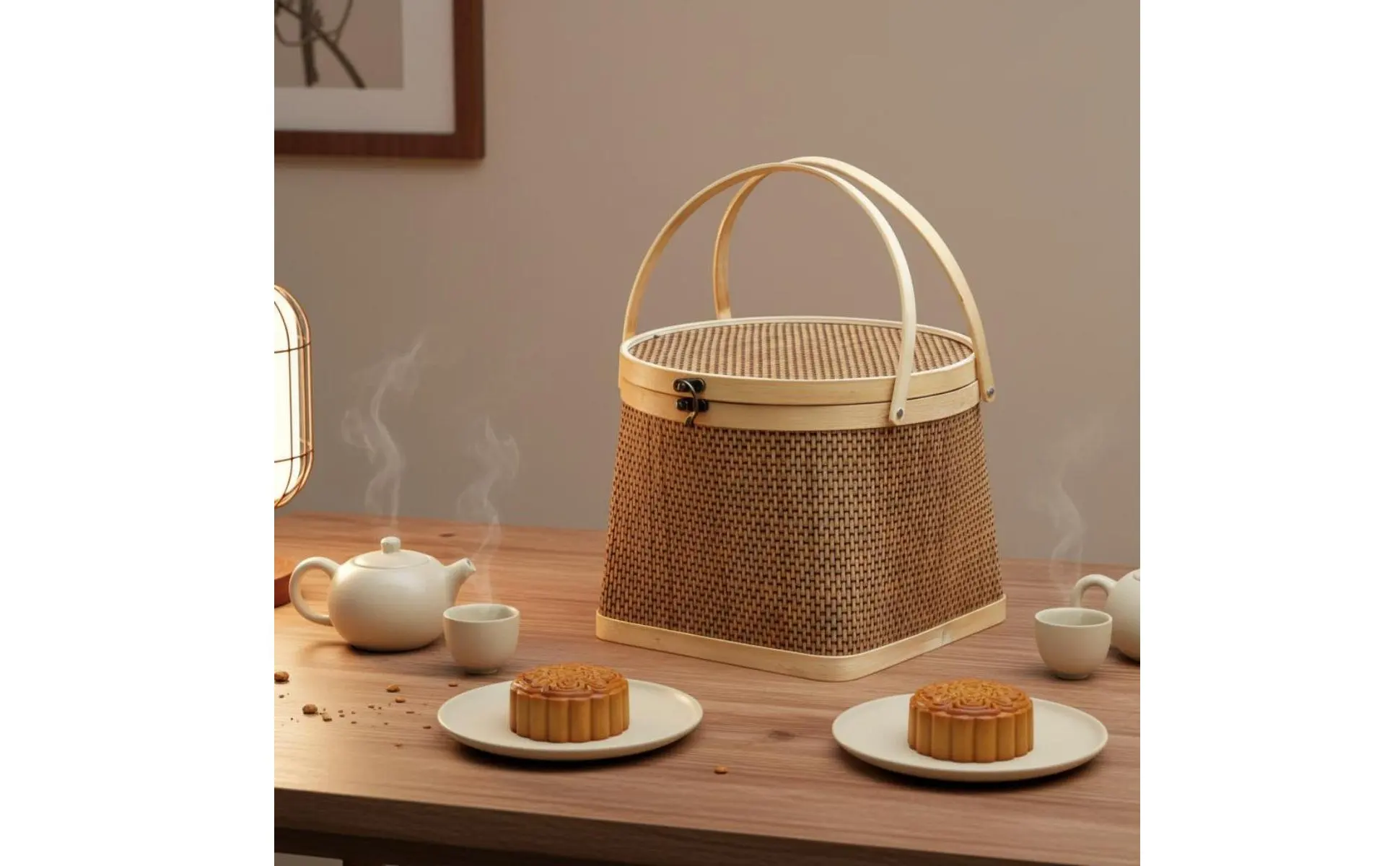 Cesta de bambú tejida a mano con tapa