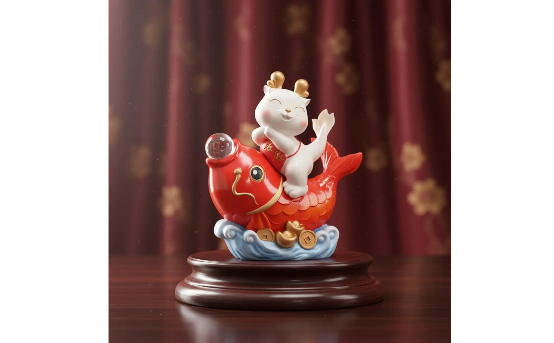 Adorno del Año Nuevo Chino con figura de qilin sobre pez koi dorado