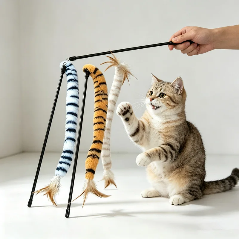 Gato jugando con palo de plumas