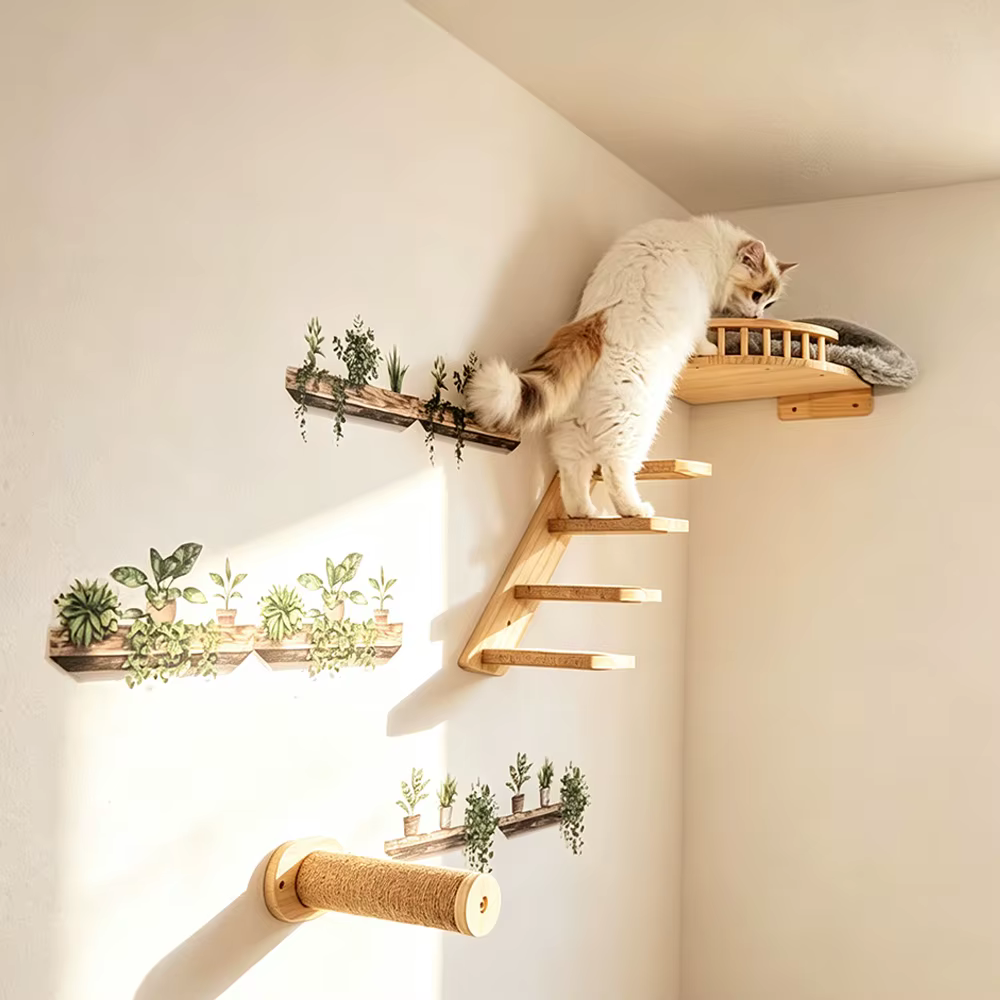 Escalera de Pared para Gatos con Puente – Mueble de Madera y Sisal - imagen 2