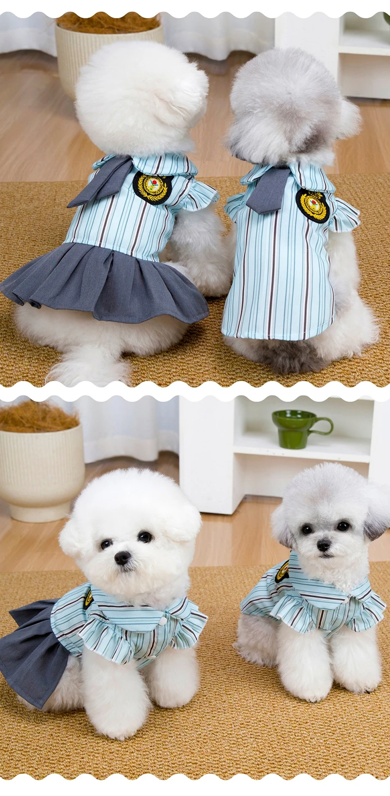 Vestido a rayas con corbata azul para perro pequeño