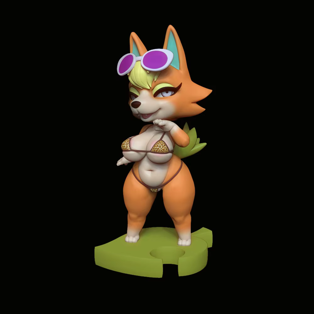 Vista frontal de la estatua Foxy Wolfy gris impresa en 3D