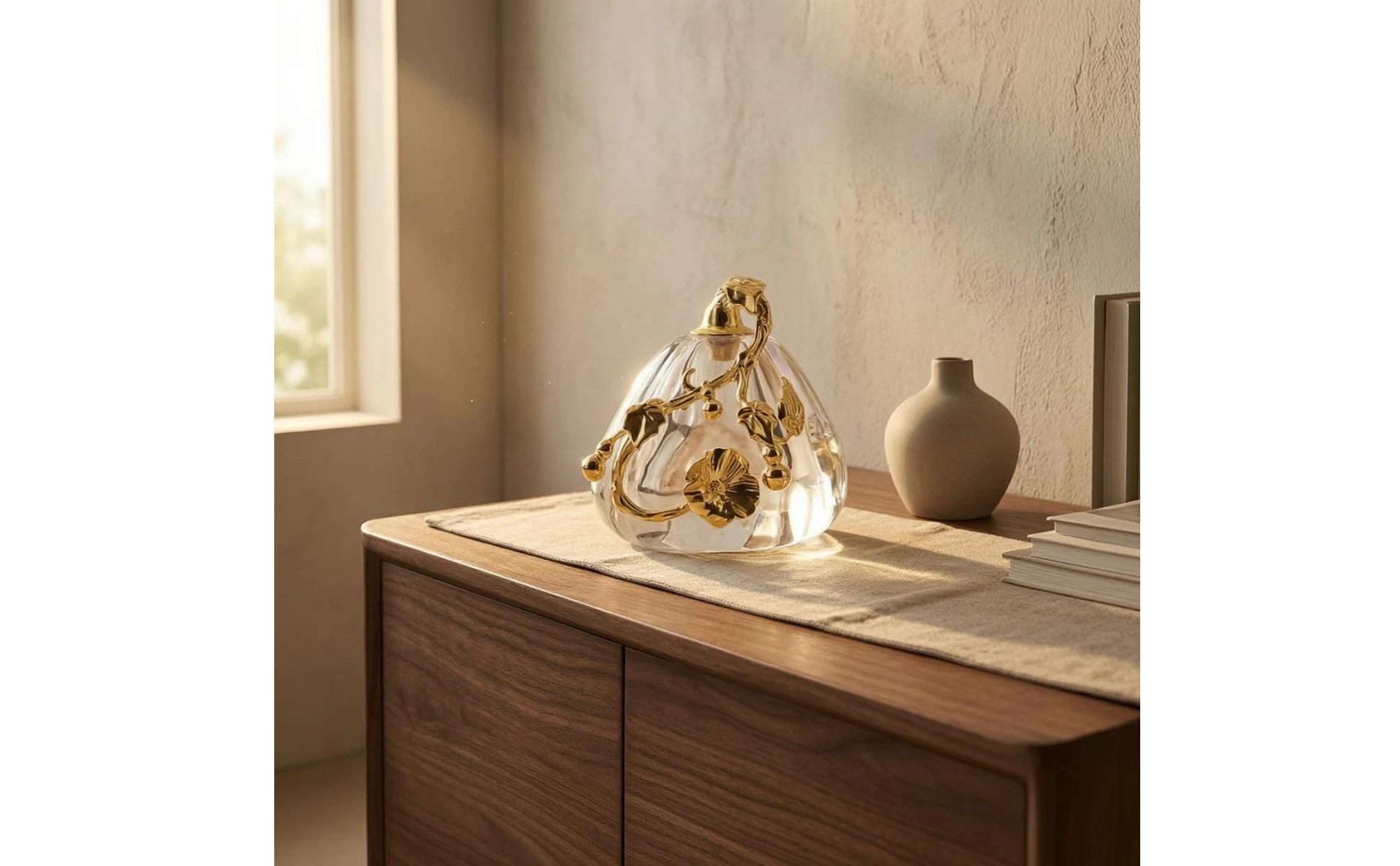 Detalle del adorno decorativo de vidrio con motivos en tono dorado