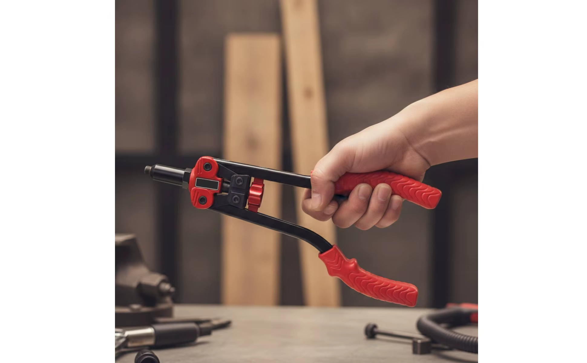 Primer plano del cabezal ajustable de la remachadora manual
