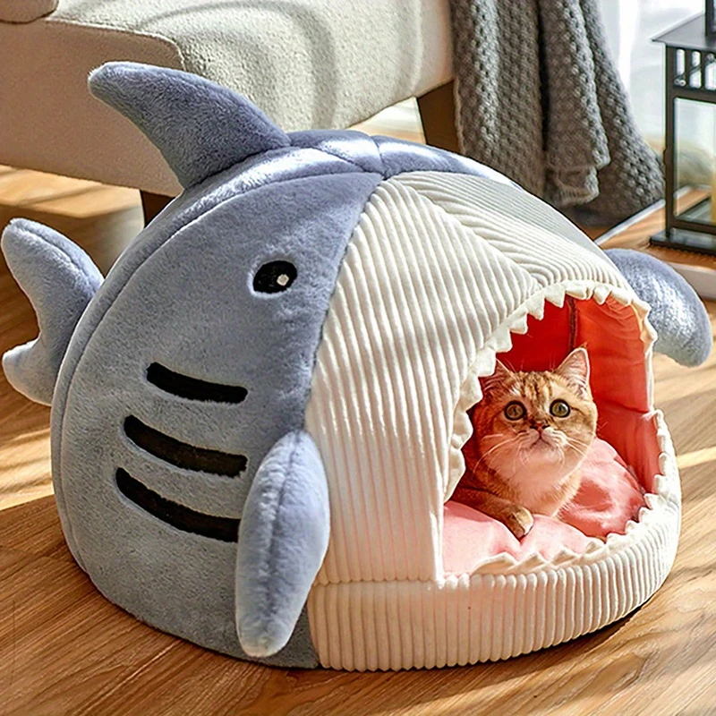 Cama nido redonda de felpa para gatos y perros pequeños semicerrada - imagen 5