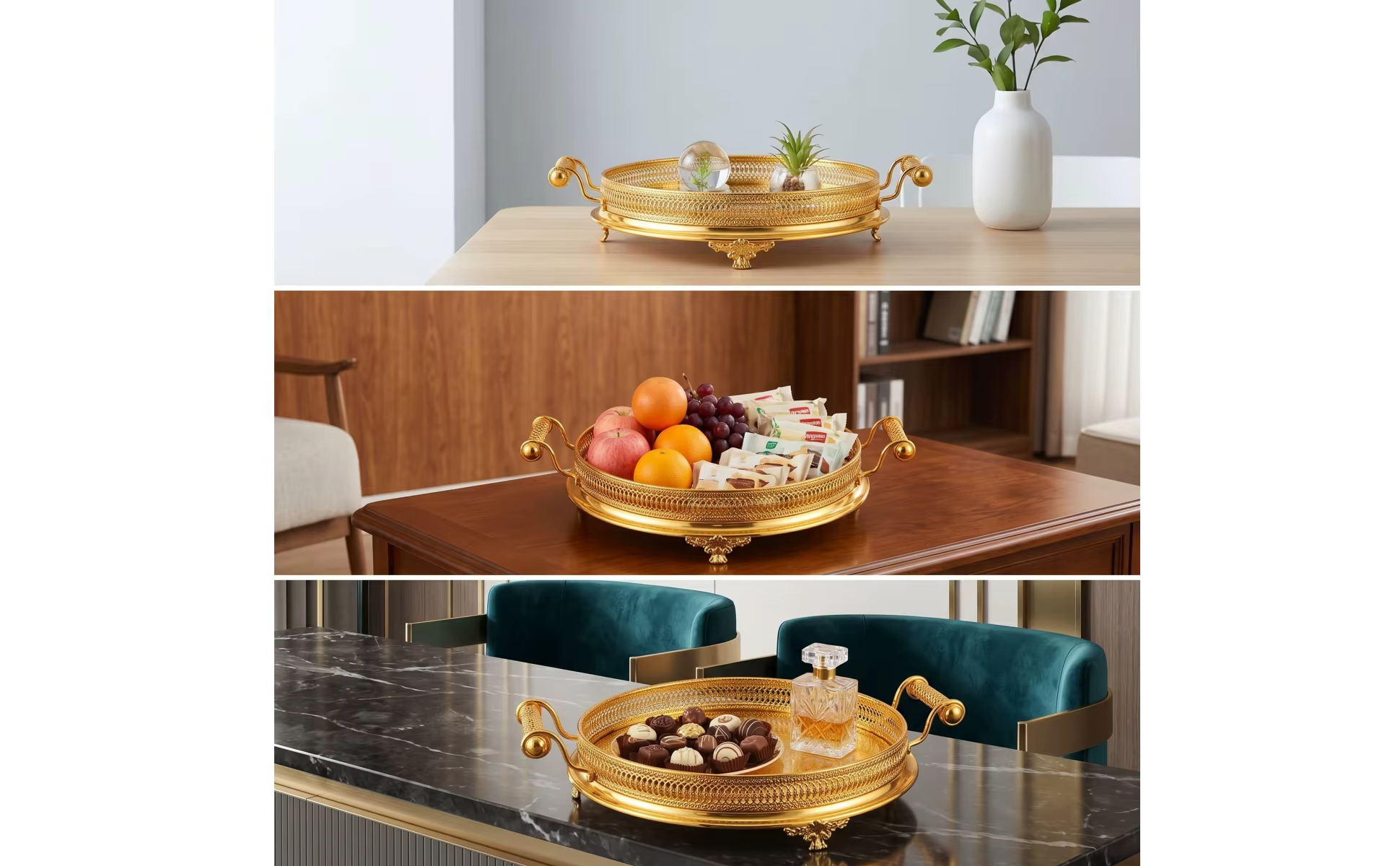 Bandeja metálica perforada para decoración y servicio de té
