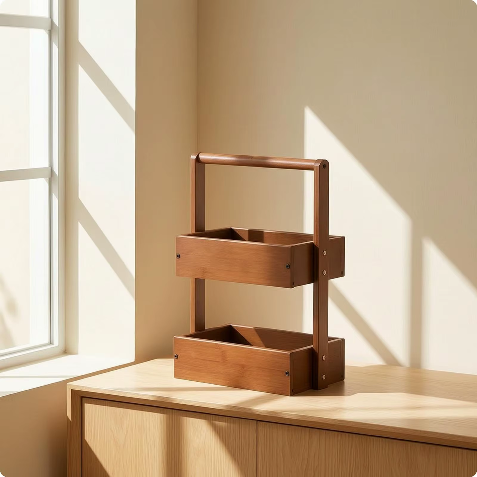 Organizador de madera con asa para encimera – Estantería portátil para baño - imagen 2