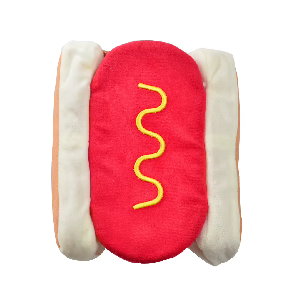 Perro feliz con disfraz de hot dog