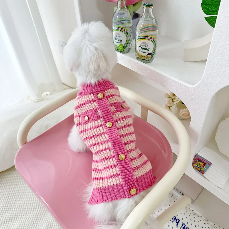 Suéter a Rayas para Perros Pequeños – Chaqueta Cálida Rosa para Otoño e Invierno - imagen 5