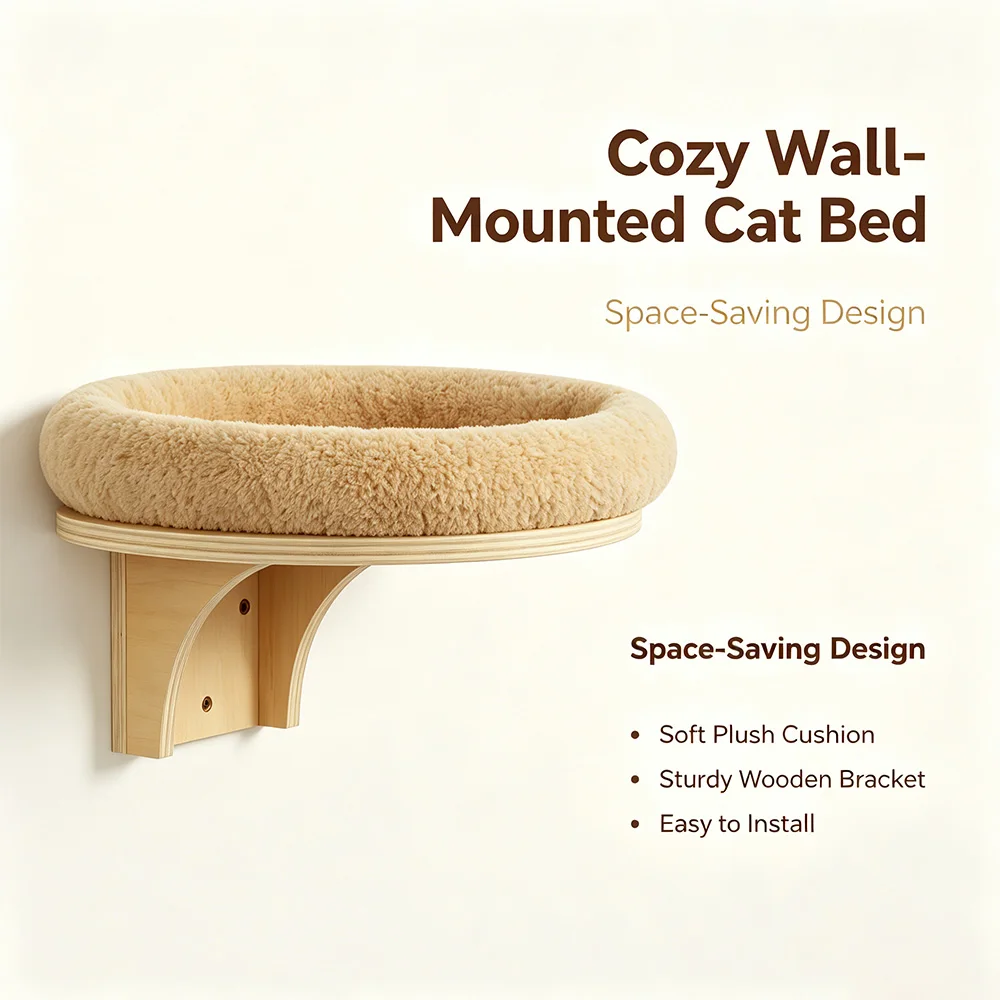 Cama redonda para gatos con estante de madera